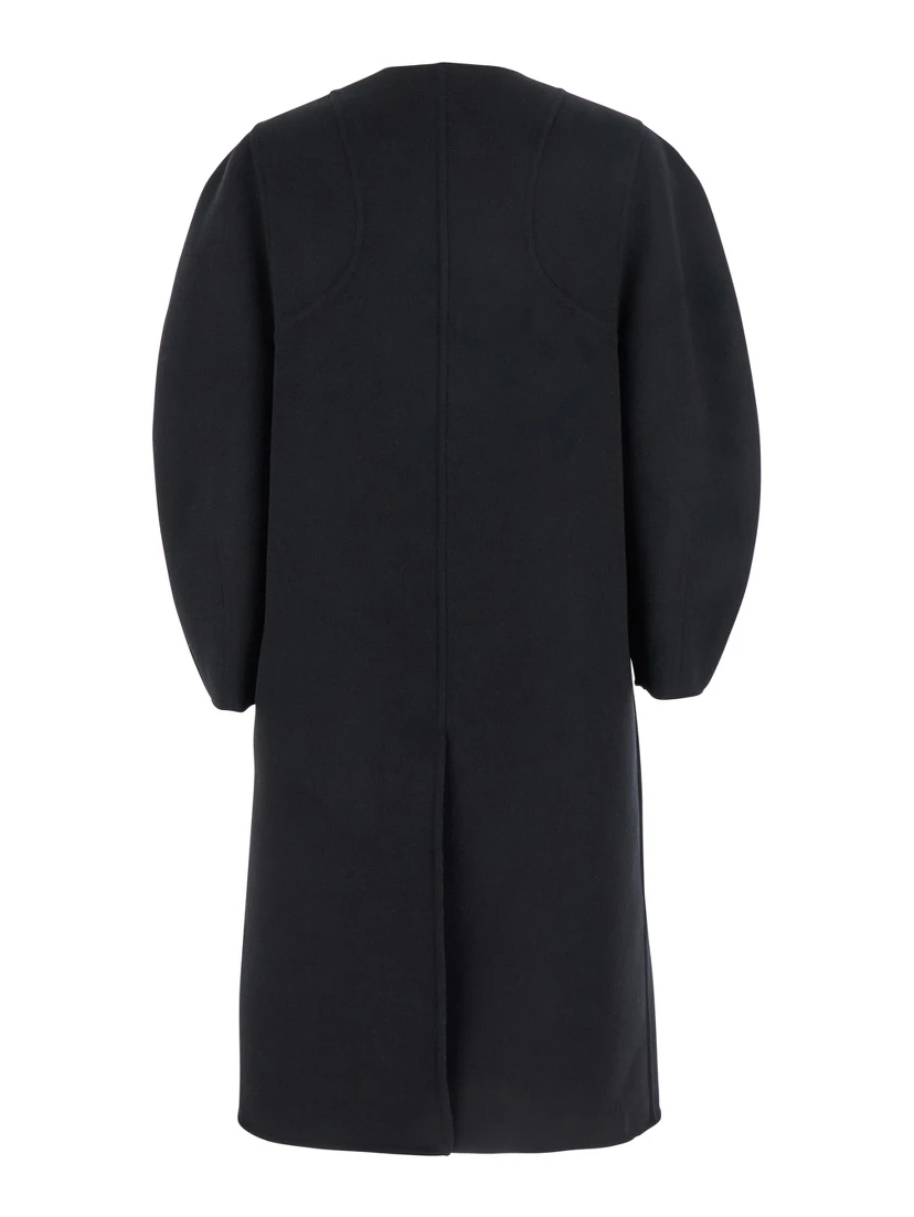 Black Crewneck Coat with Puffed Sleeves and Two Front Shearling Pockets in Wool Blend Woman