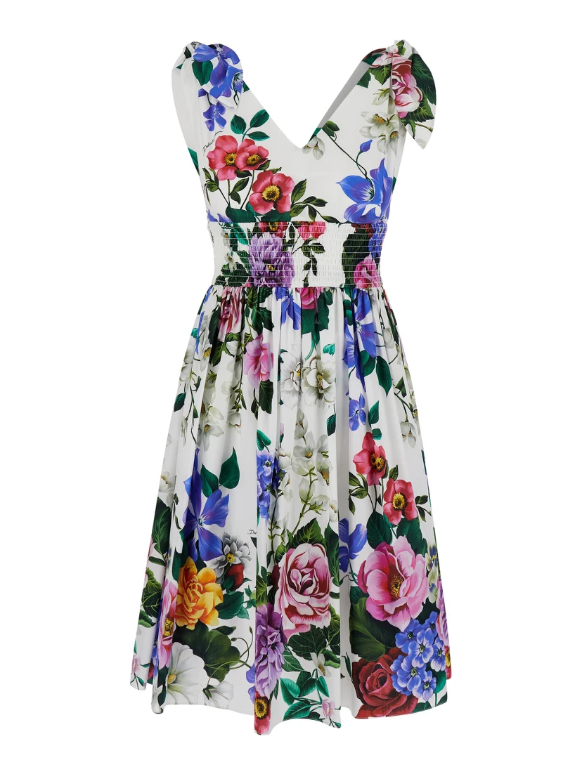 Multicolor Short Dress with All-Over Floral Print in Cotton Woman