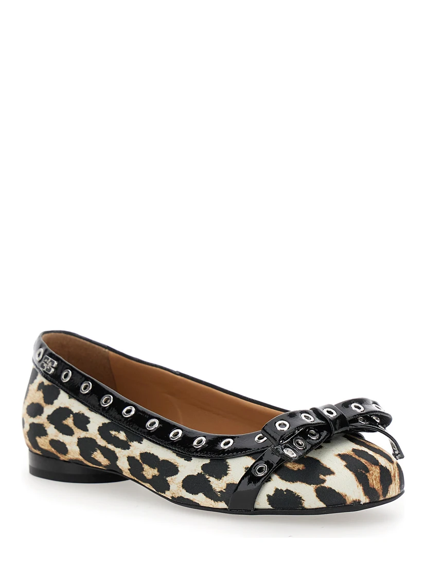 Multicolor Ballet Flats with Eyelets and All-Over Leopard Print in Satin Woman