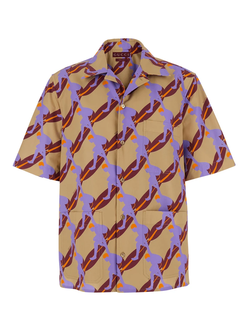 Multicolor Bowling Shirt with Cuban Collar and All-Over Print in cotton Man