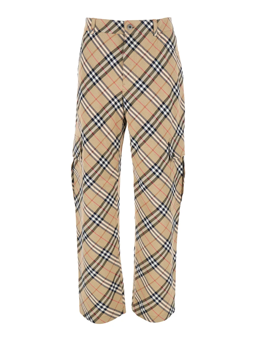 Beige Cargo Pants with Vintage Check Motif in Linen and Cotton Blend Man