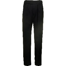 Black Straight Trousers with Coulisse at Waistline in Wool Twill Woman