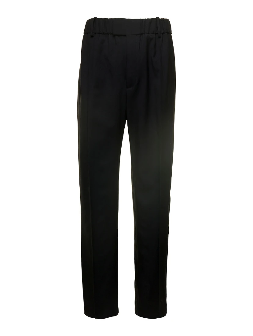 Black Straight Trousers with Coulisse at Waistline in Wool Twill Woman