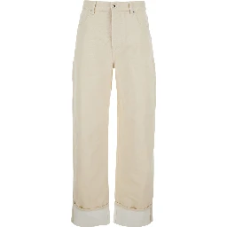White Jeans with Cuffs on the Edges and Removable Patch with Hare on the Back in Denim Woman