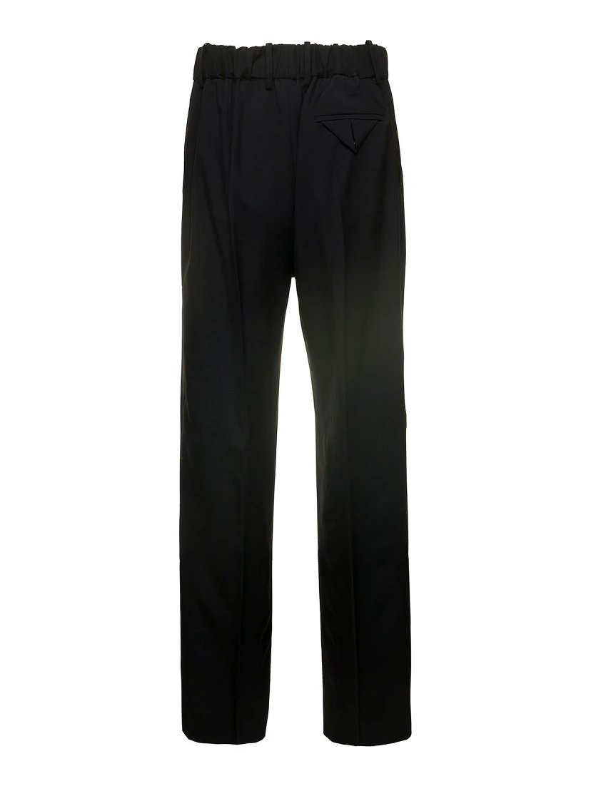 Black Straight Trousers with Coulisse at Waistline in Wool Twill Woman