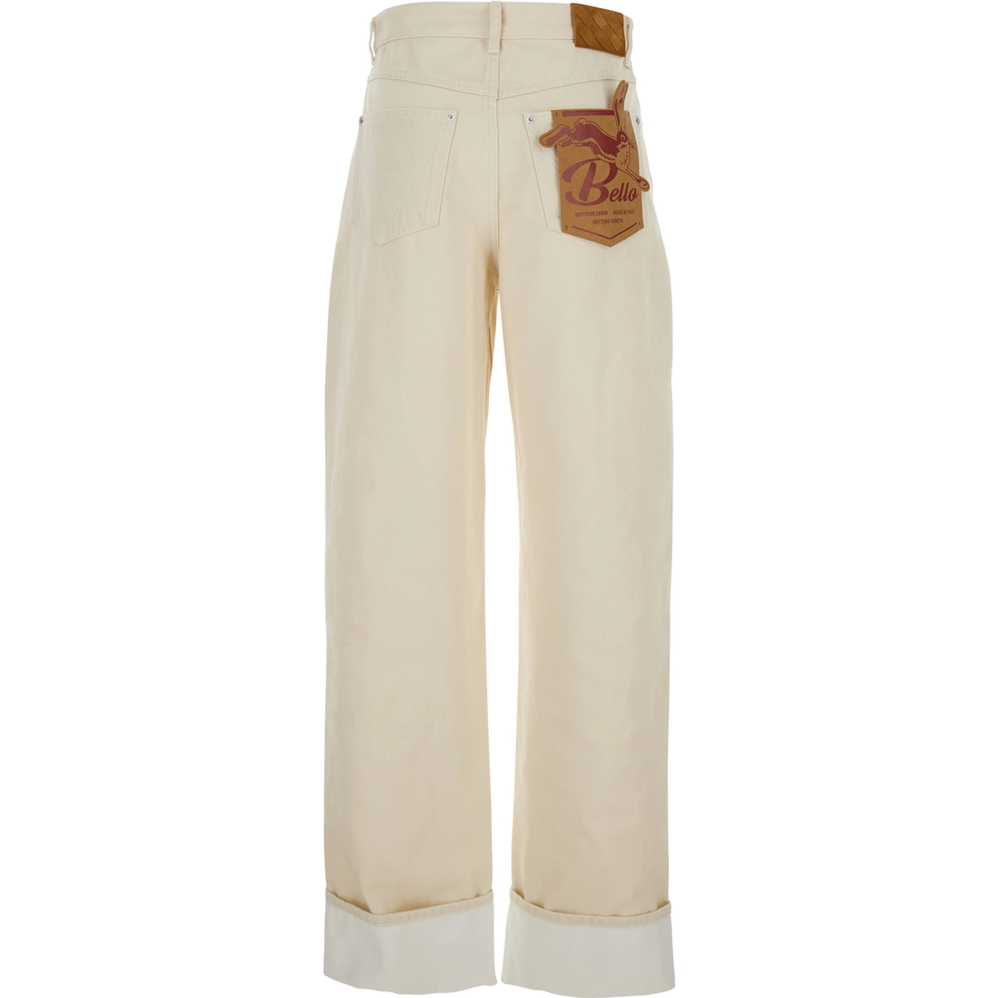 White Jeans with Cuffs on the Edges and Removable Patch with Hare on the Back in Denim Woman