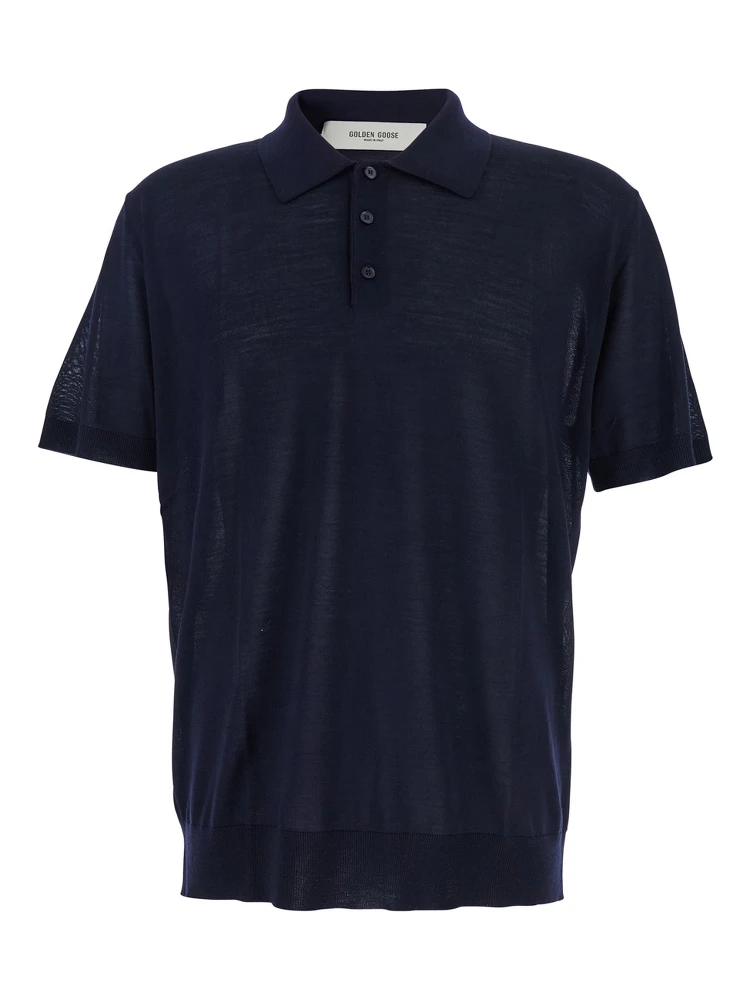 Blue Polo Shirt with Classic Collar and Short Sleeves in Wool Man