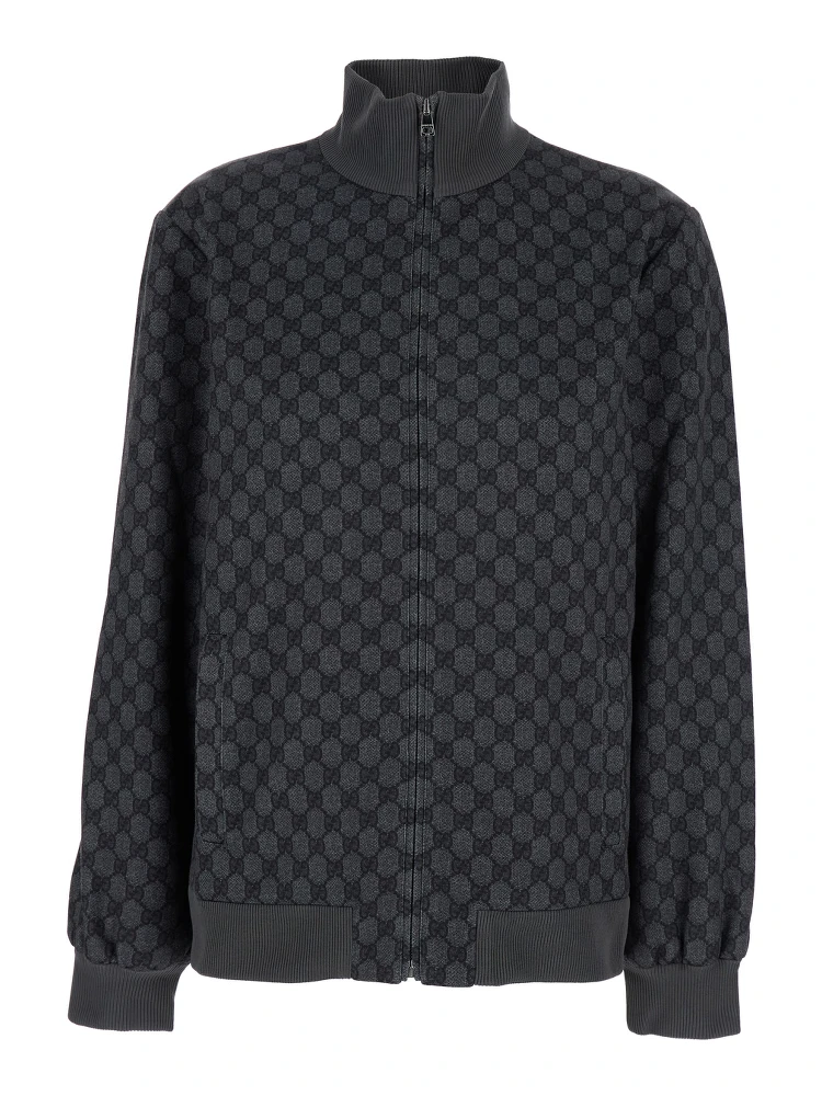 Grey Sweatshirt with High Neck and All-Over GG Print in Tech Fabric Woman