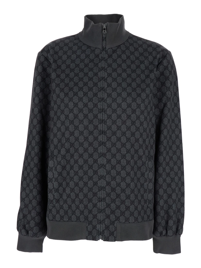 Grey Sweatshirt with High Neck and All-Over GG Print in Tech Fabric Woman
