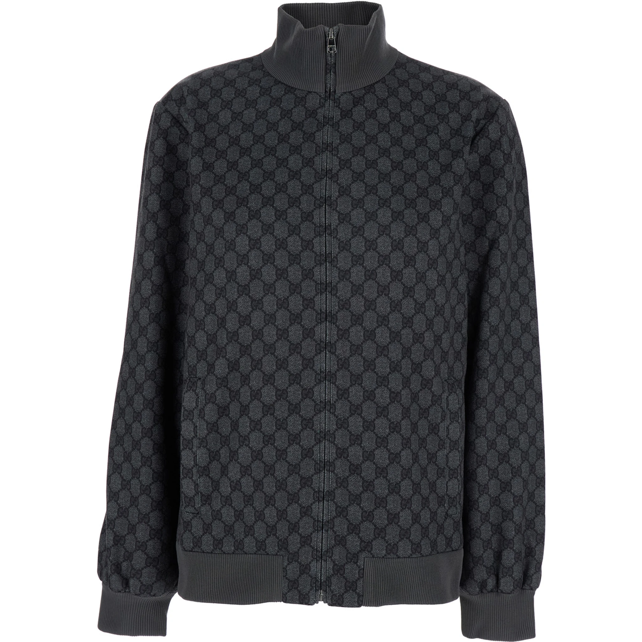 Grey Sweatshirt with High Neck and All-Over GG Print in Tech Fabric Woman