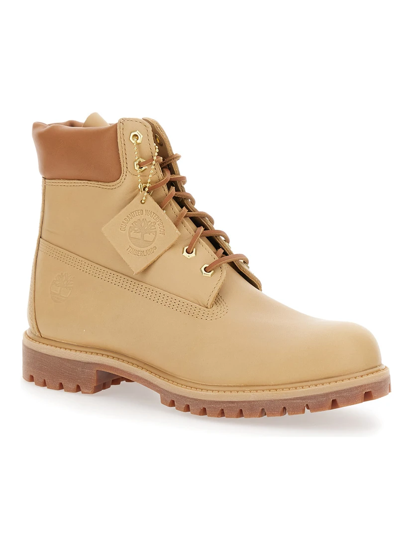 Beige Water-Proof Boots with Logo Plate in Leather Man