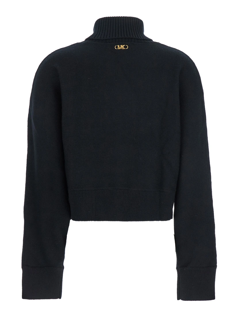 Black Turtleneck Cropped Sweater with Logo Plaque on the Rear in Wool Woman