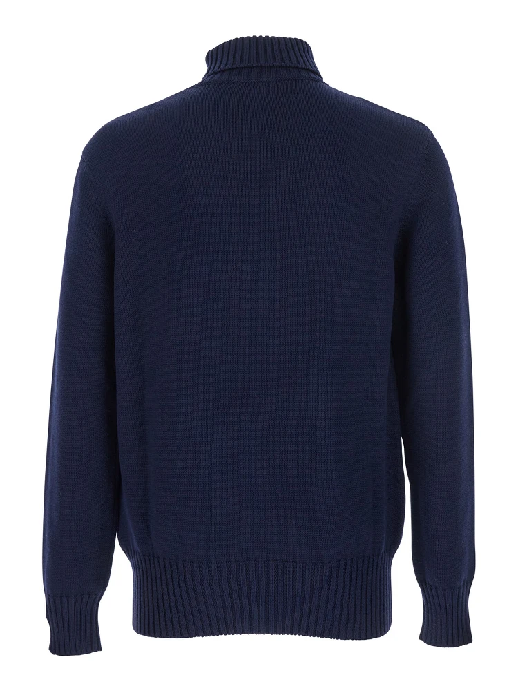 Blue Turtleneck Sweater with Logo Lettering on the Front in Wool Man alternative