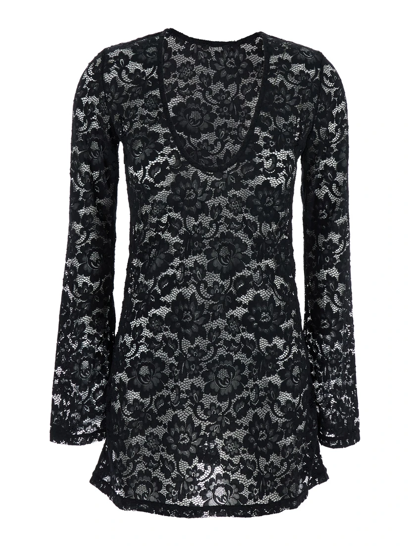 Bohemia Black Mini Dress with All-Over Lace Embroidery in Tech Fabric Stretch Woman