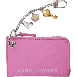 The Coin Purse Charm Pink Keychain with Logo Lettering on the Front and Charm Embellishments in Grained Leather Woman
