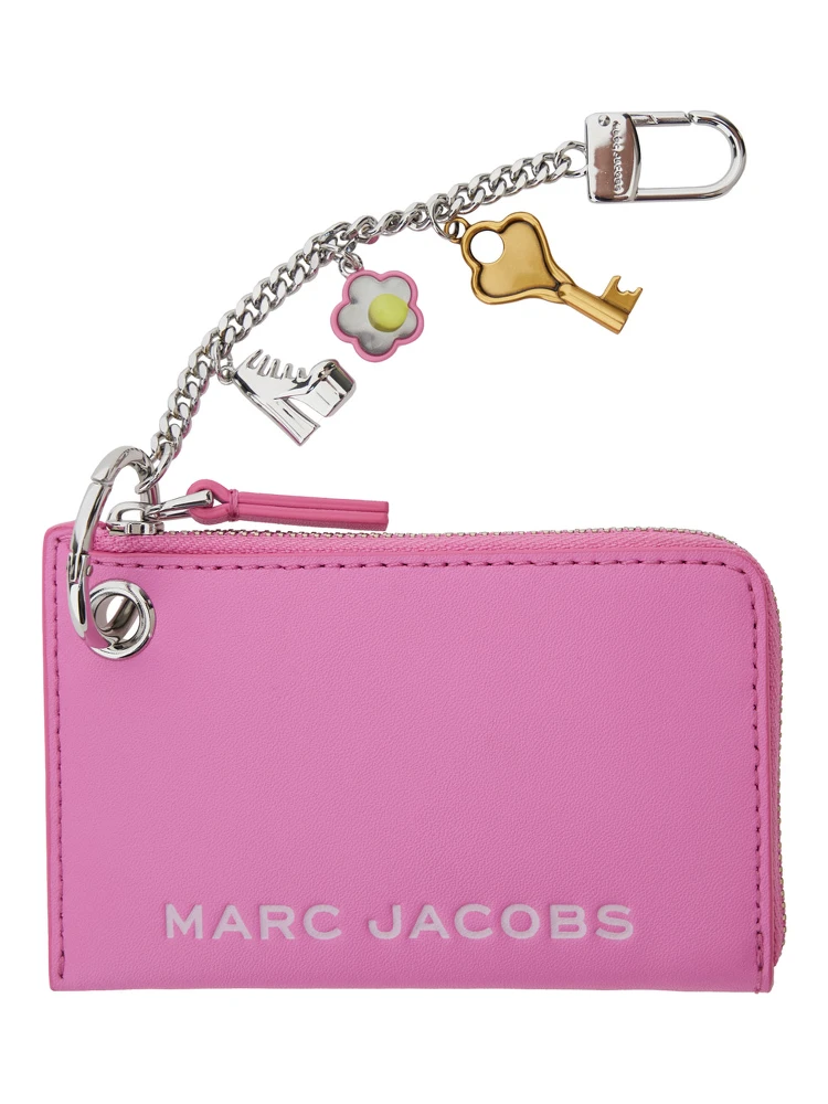 The Coin Purse Charm Pink Keychain with Logo Lettering on the Front and Charm Embellishments in Grained Leather Woman