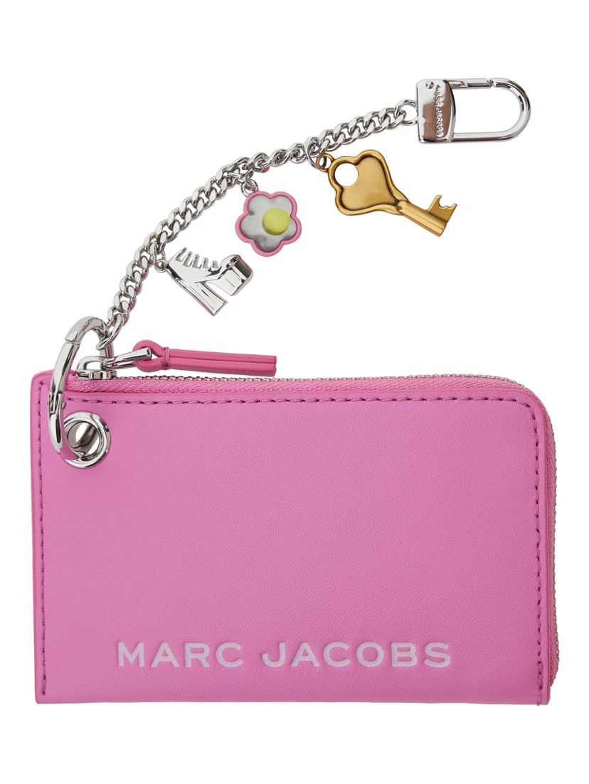 The Coin Purse Charm Pink Keychain with Logo Lettering on the Front and Charm Embellishments in Grained Leather Woman