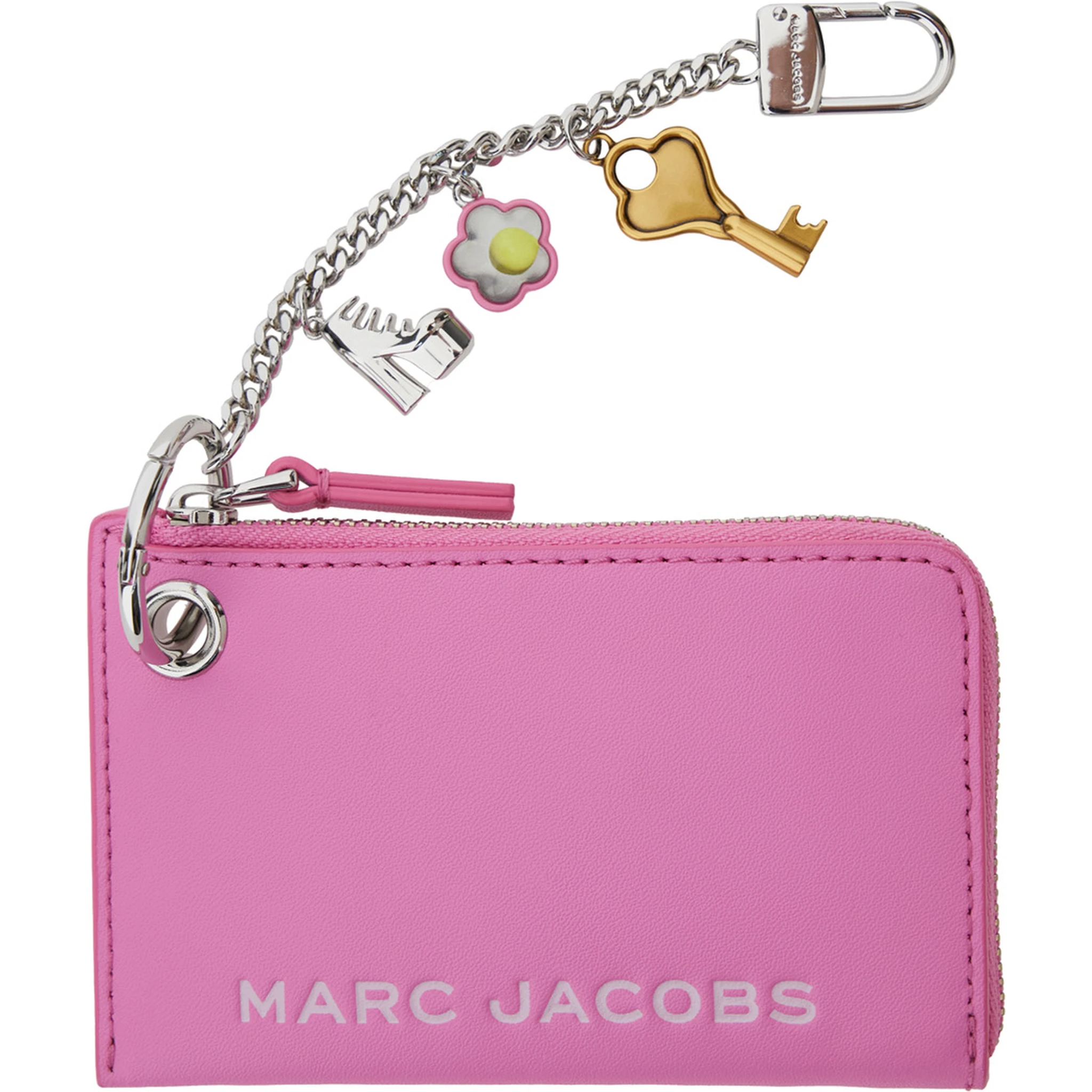 The Coin Purse Charm Pink Keychain with Logo Lettering on the Front and Charm Embellishments in Grained Leather Woman