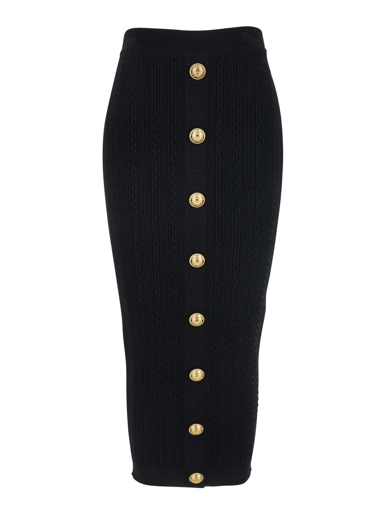 Black Skirt with Logo Buttons and Zip Closure in Viscose Blend Woman