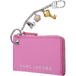 The Coin Purse Charm Pink Keychain with Logo Lettering on the Front and Charm Embellishments in Grained Leather Woman