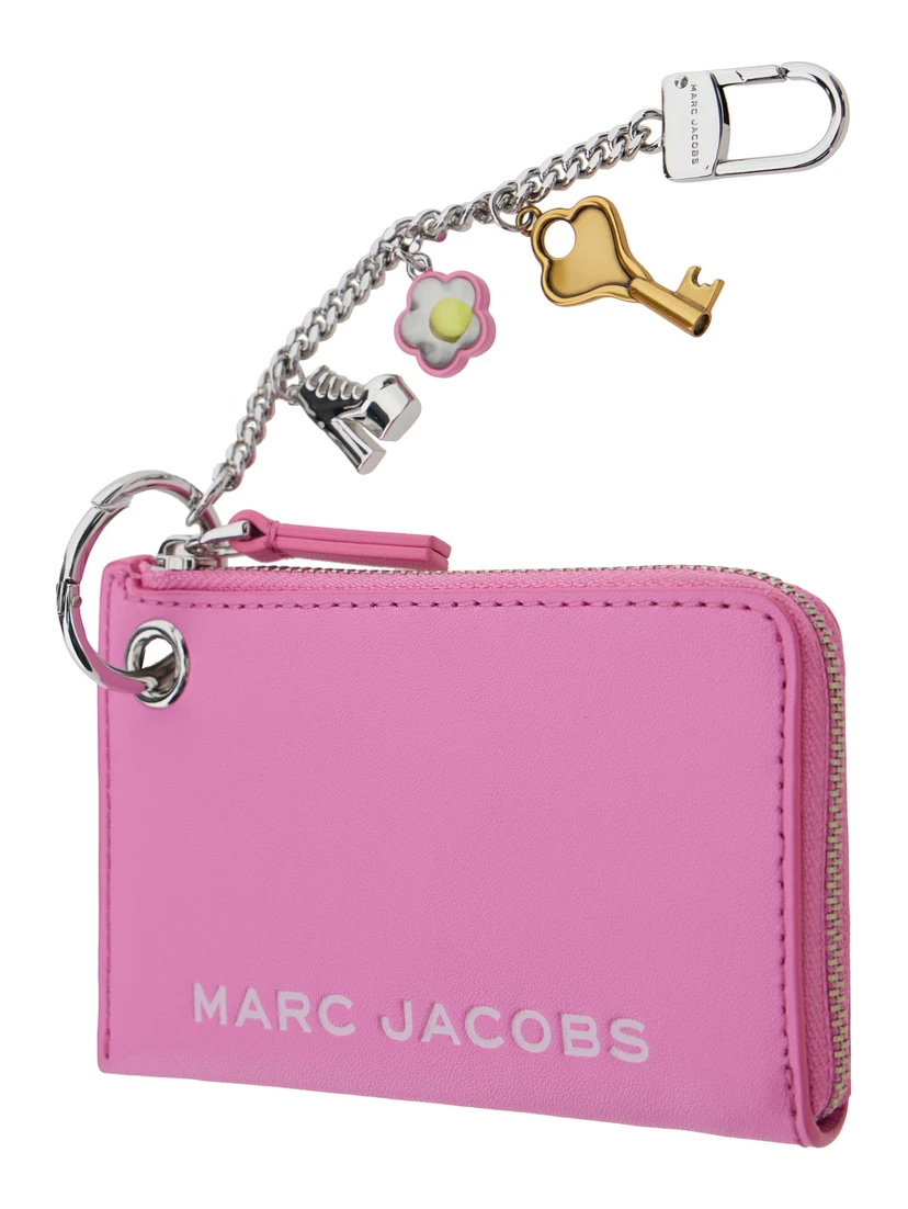 The Coin Purse Charm Pink Keychain with Logo Lettering on the Front and Charm Embellishments in Grained Leather Woman