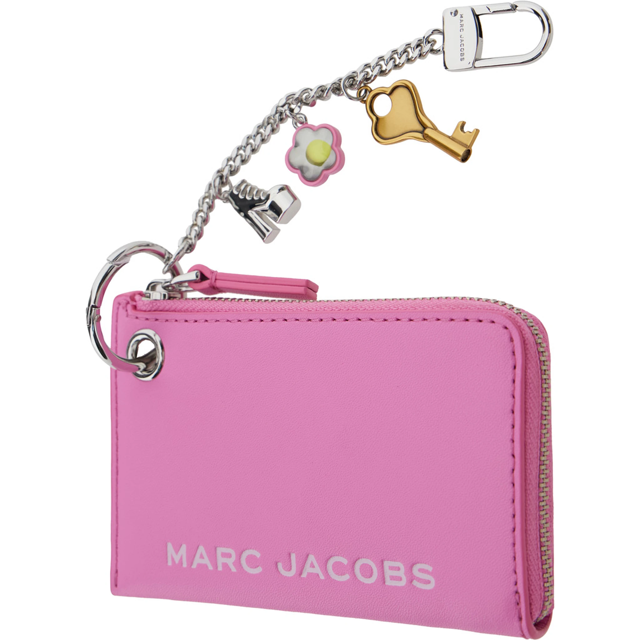 The Coin Purse Charm Pink Keychain with Logo Lettering on the Front and Charm Embellishments in Grained Leather Woman