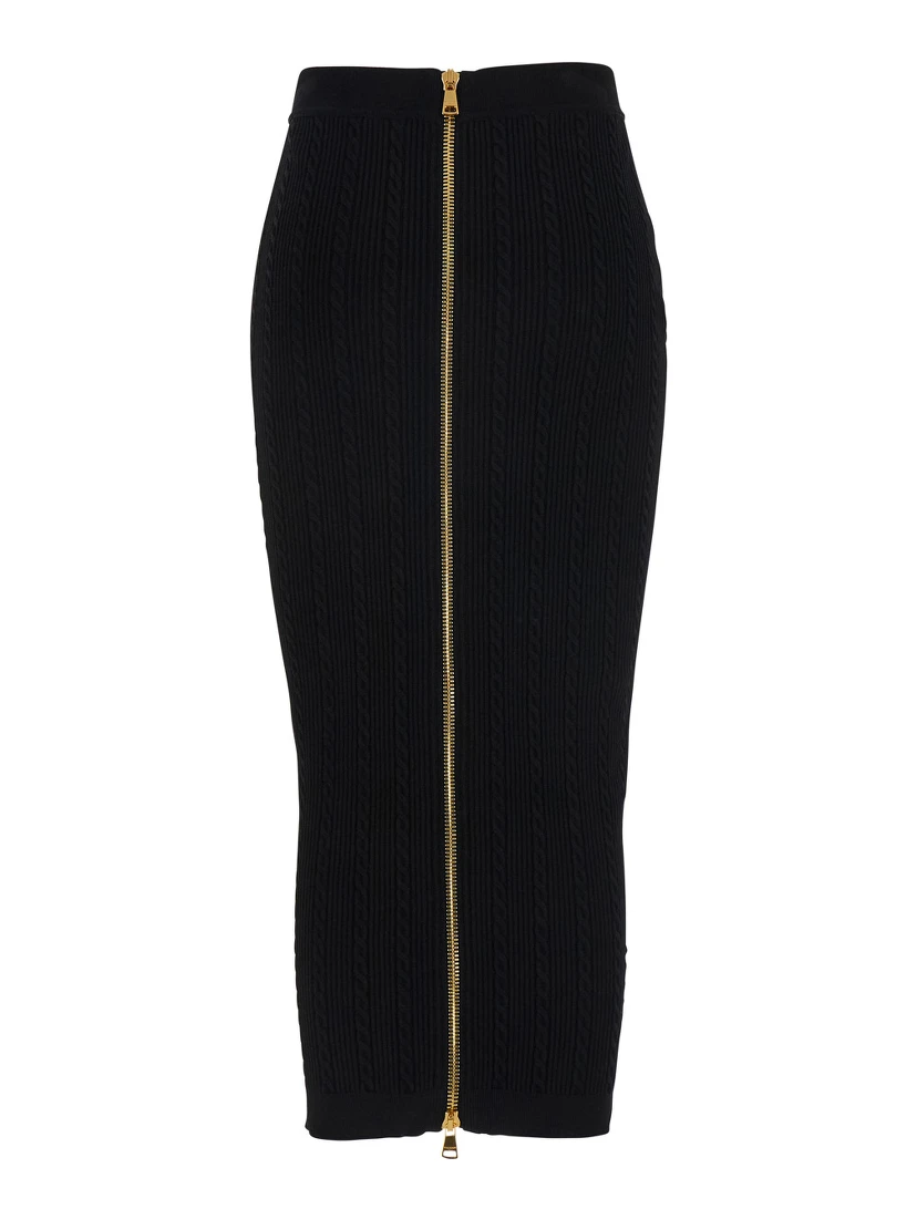 Black Skirt with Logo Buttons and Zip Closure in Viscose Blend Woman