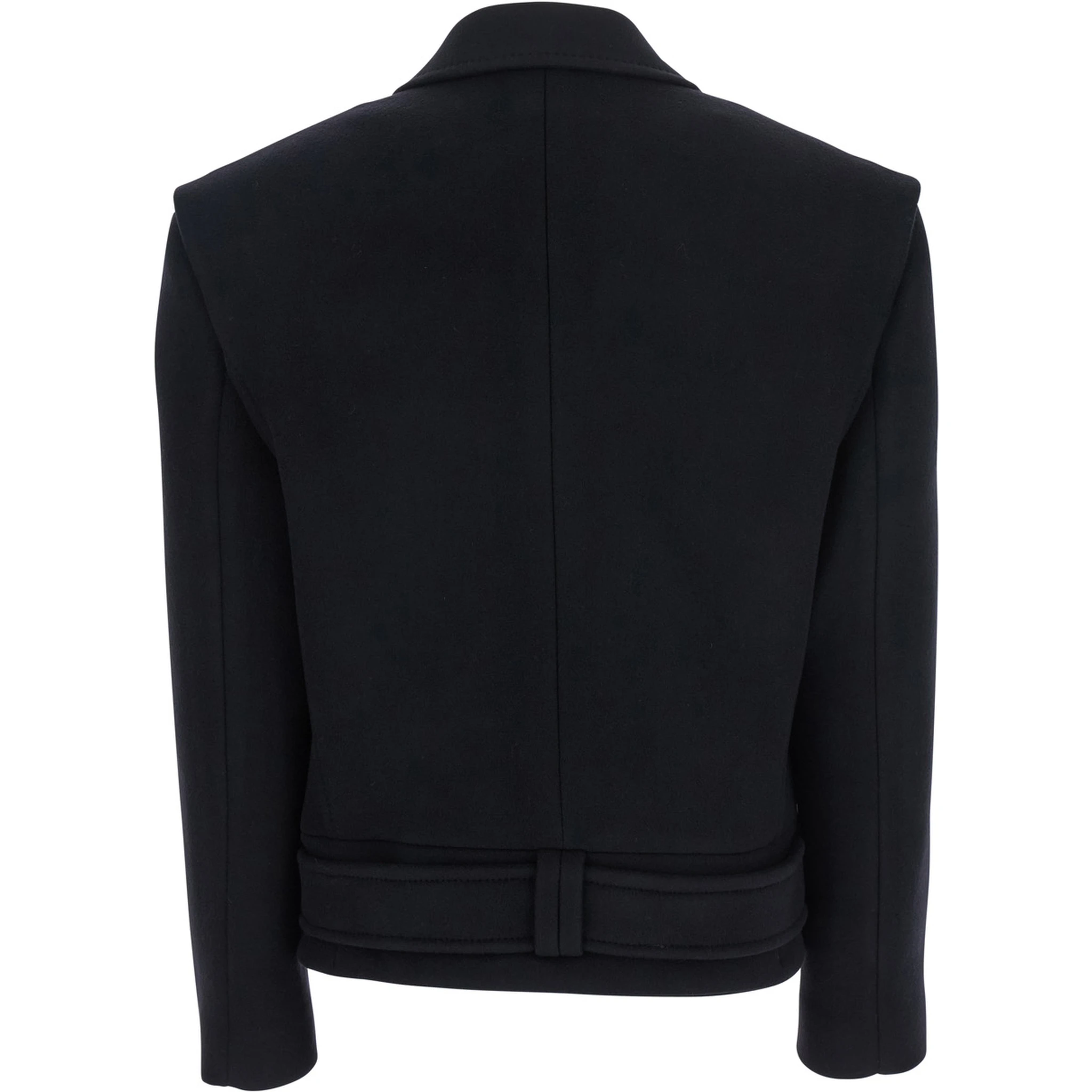 Black Jacket with Wide Lapels and Metallic Logo Buttons in Wool Woman