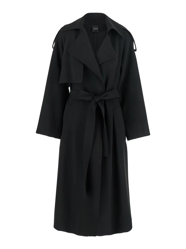 Black Double-Breasted Trench Coat with Matching Belt in Cady Woman