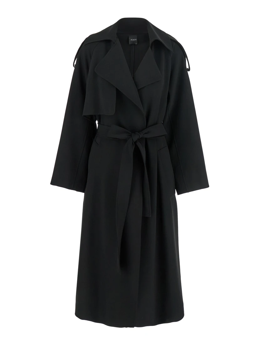 Black Double-Breasted Trench Coat with Matching Belt in Cady Woman