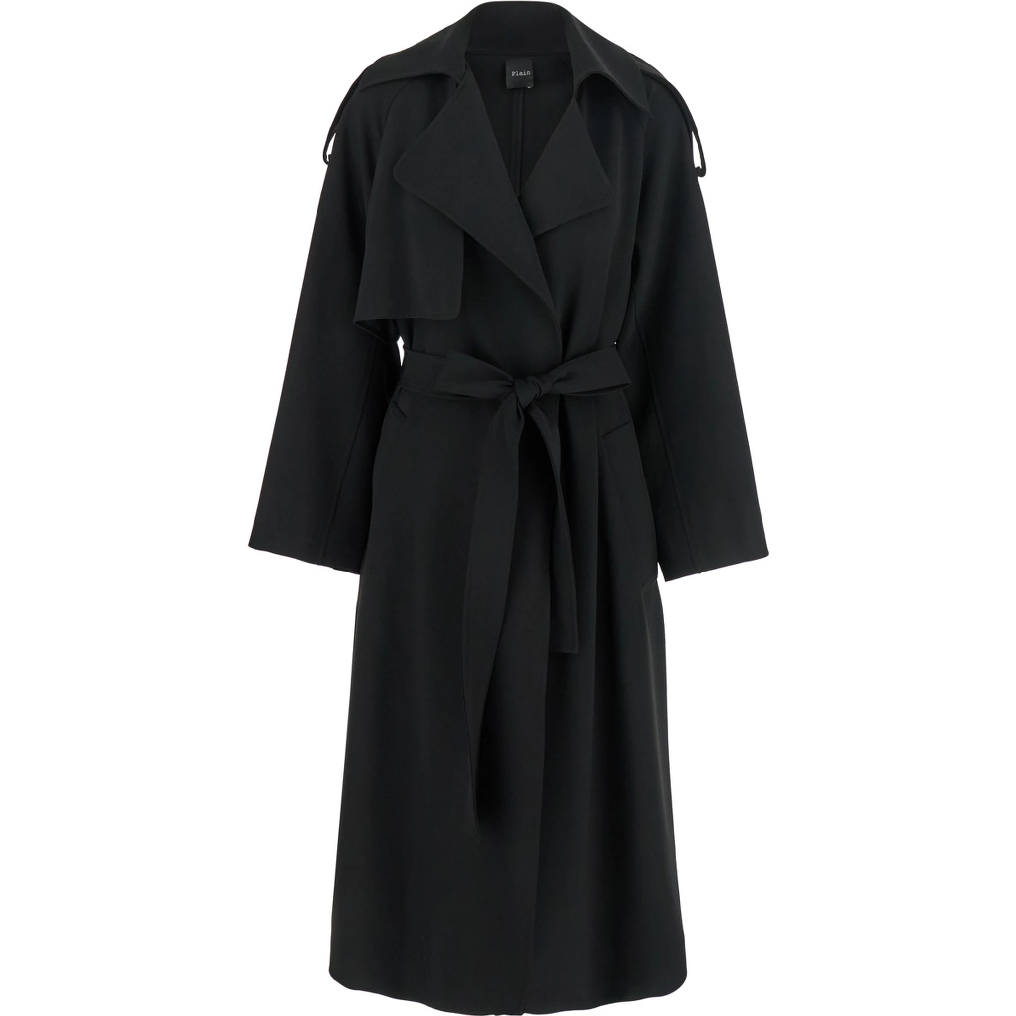 Black Double-Breasted Trench Coat with Matching Belt in Cady Woman