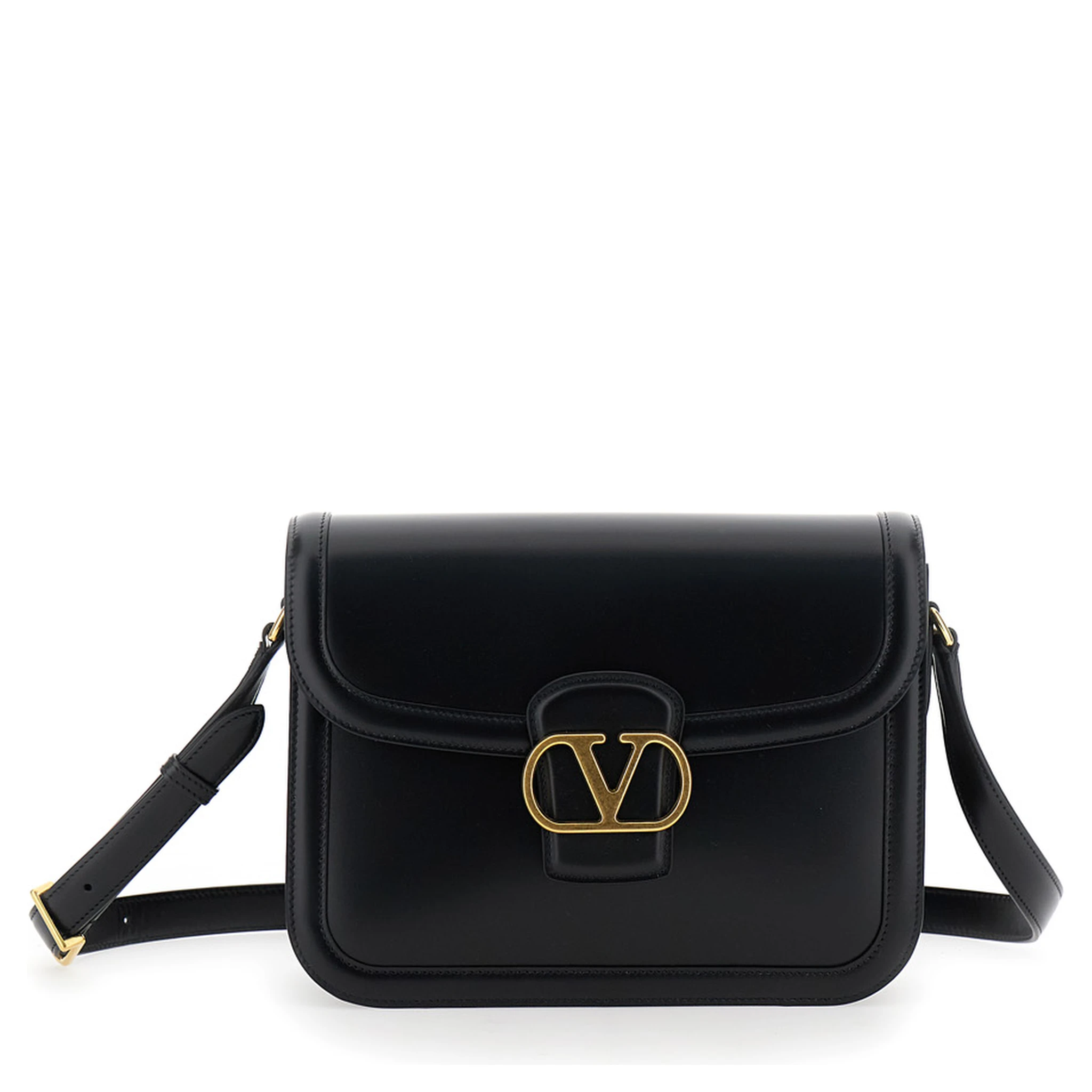 Black Shoulder Bag with VLogo Detail on the Front in Leather Man