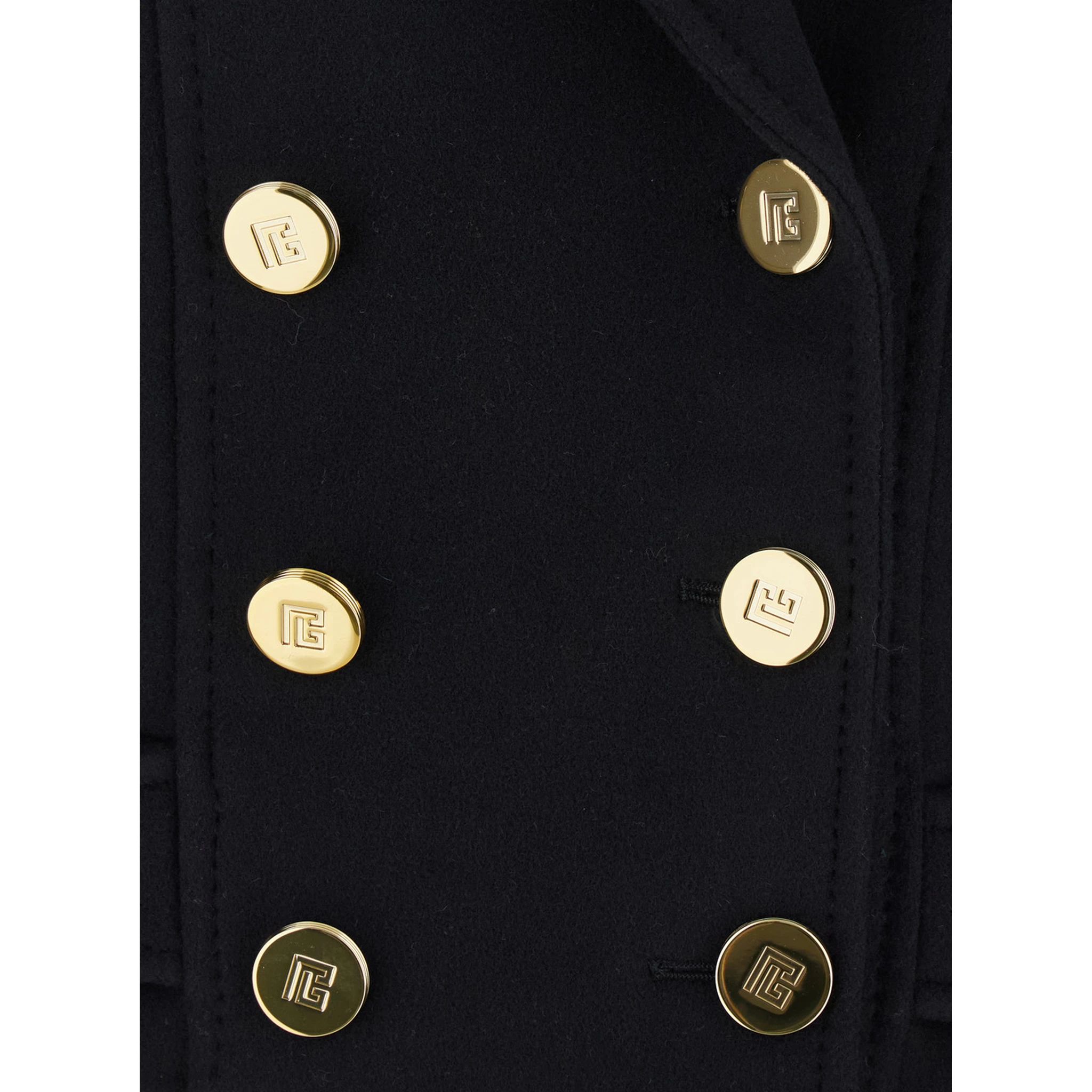 Black Jacket with Wide Lapels and Metallic Logo Buttons in Wool Woman
