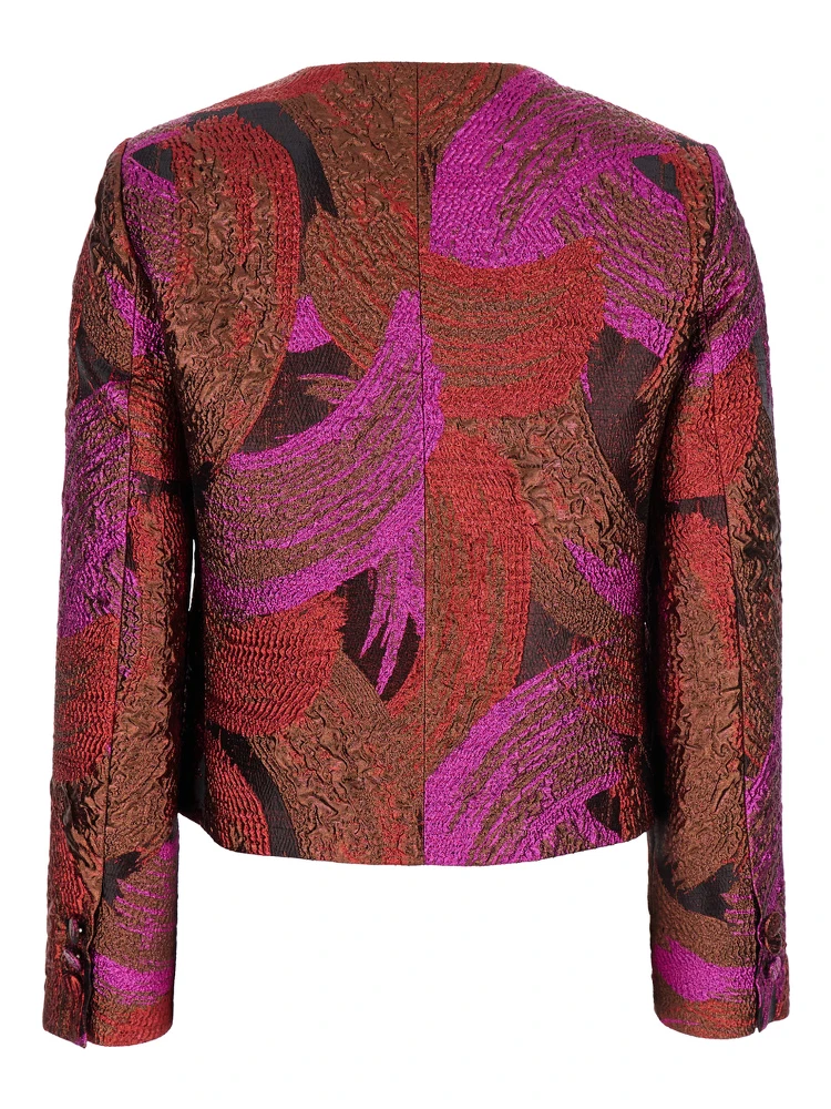 Fuchsia Collarless Jacket with All-Over Broccato Motif in Tech Fabric Woman alternative