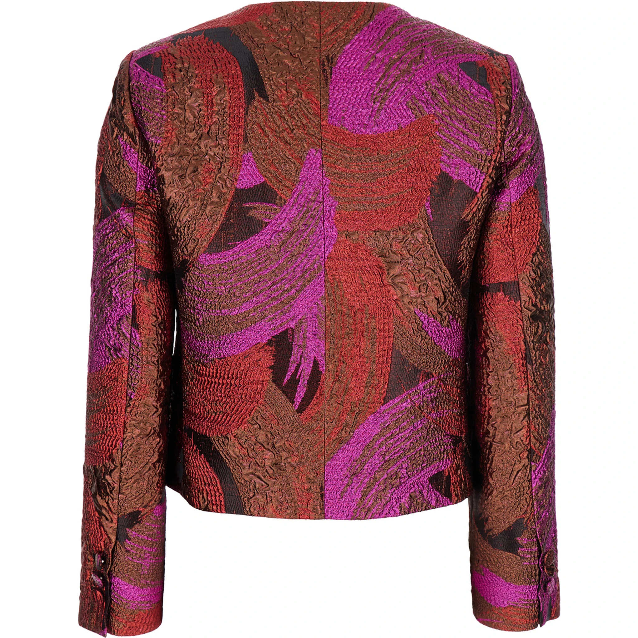 Fuchsia Collarless Jacket with All-Over Broccato Motif in Tech Fabric Woman