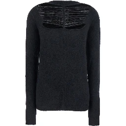 Black Sweater with Distressed Effect and Cut-Out Details on the Front in Alpaca Blend Woman