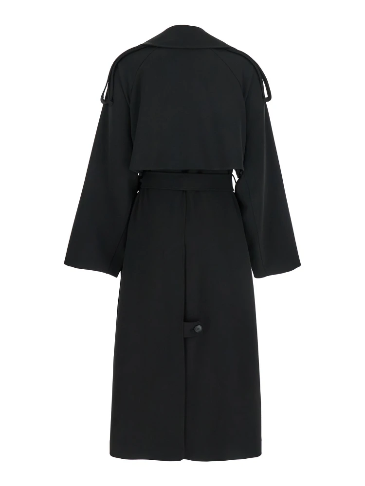 Black Double-Breasted Trench Coat with Matching Belt in Cady Woman alternative