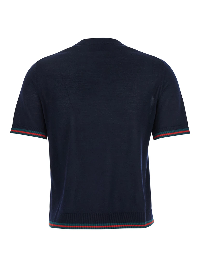 Blue T-Shirt with Web Detail on the Edges in Cashmere and Silk Blend Woman