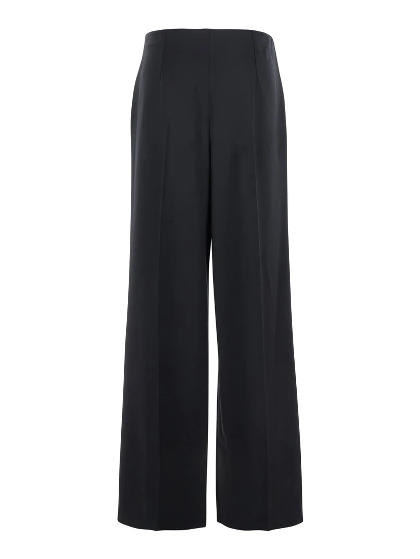 Black Pants with Front Pences and Wide Leg in Wool Woman