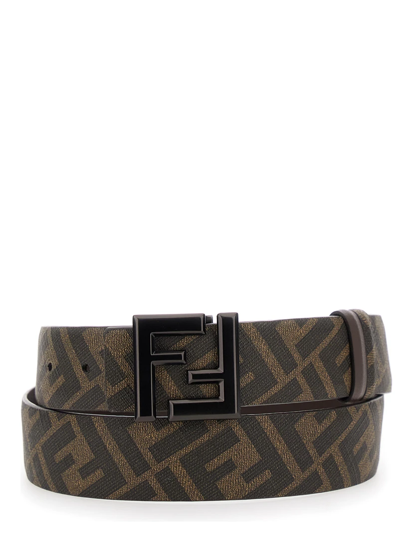 Brown Belt with Metallic FF Logo Plaque on the Front and FF Motif in Leather Man