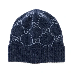 Blue Beanie with All-Over GG Motif in Cashmere Man