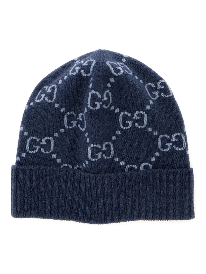 Blue Beanie with All-Over GG Motif in Cashmere Man