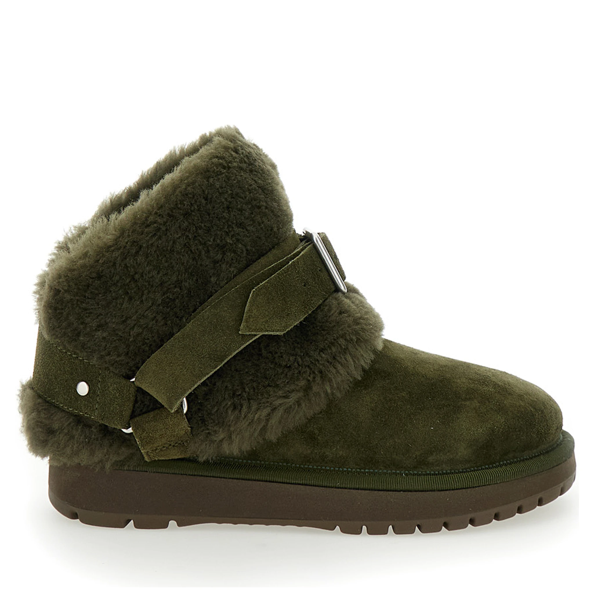 Snug Green Ankle Boots with Strap in Suede and Shearling Woman