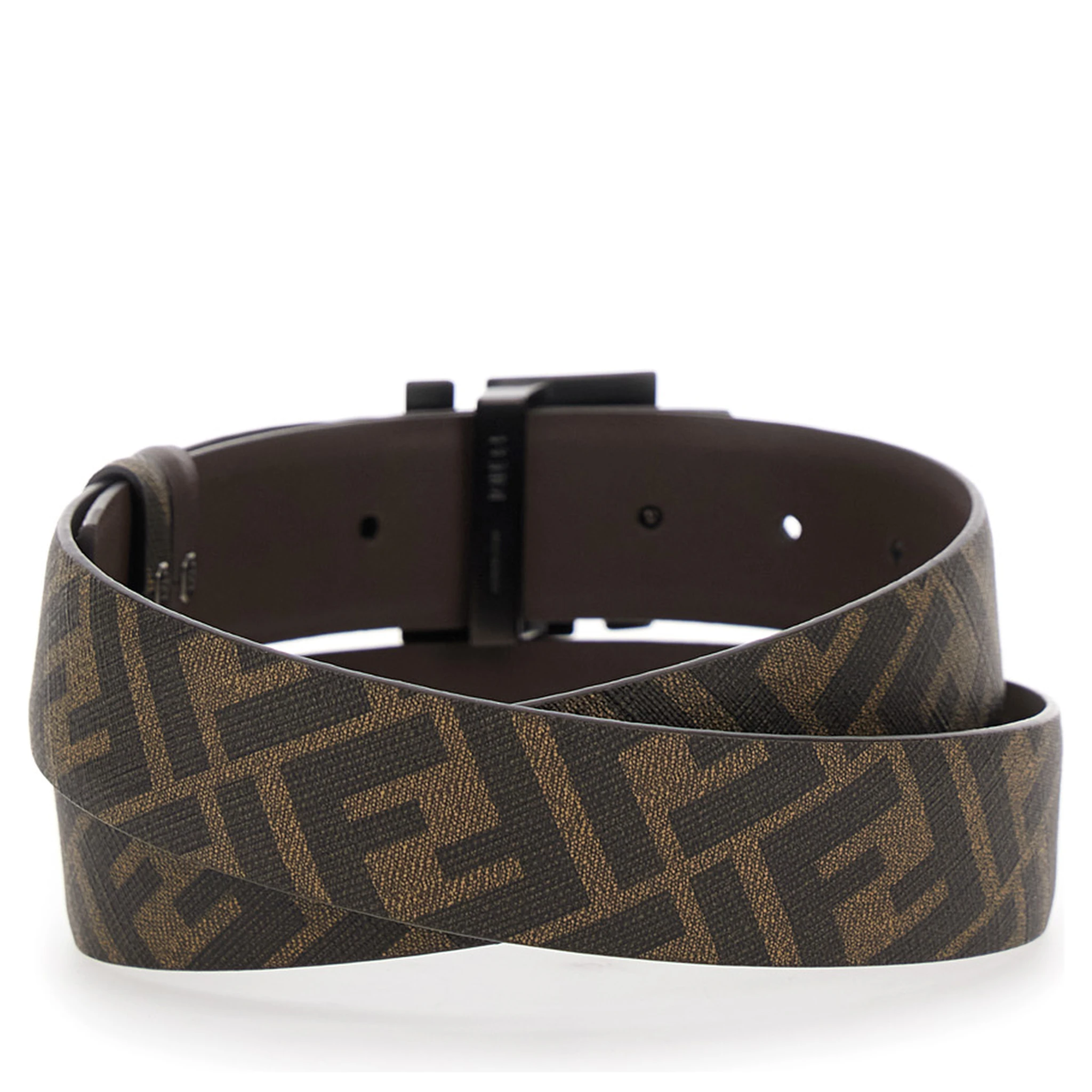 Brown Belt with Metallic FF Logo Plaque on the Front and FF Motif in Leather Man