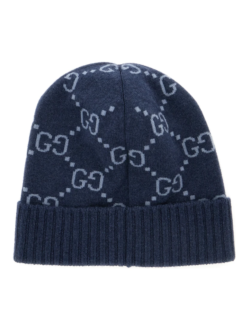 Blue Beanie with All-Over GG Motif in Cashmere Man