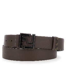 Brown Belt with Metallic FF Logo Plaque on the Front and FF Motif in Leather Man