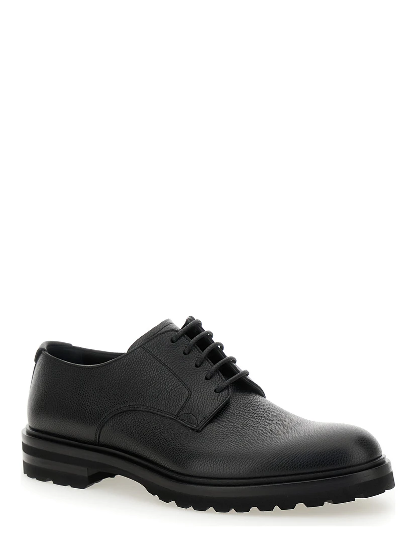 Altavilla Black Derby Lace-Up Shoes with Metal DG Logo on Heel in Brushed Leather Man