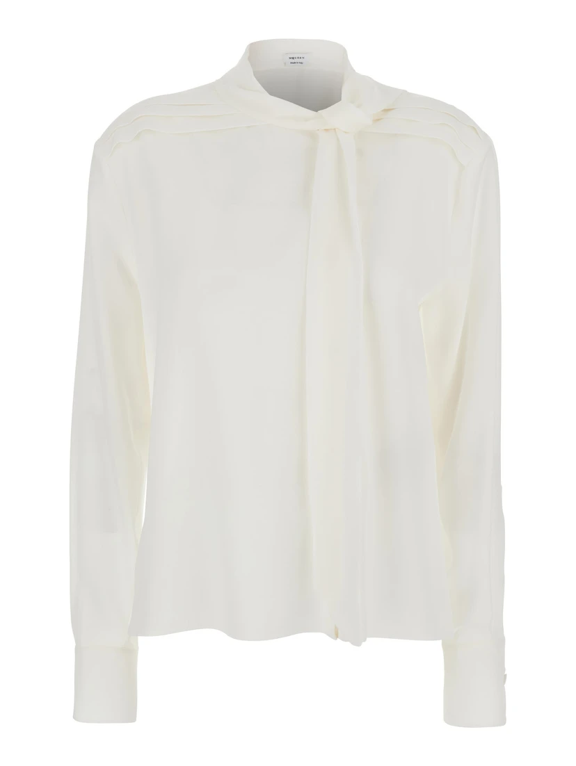 White Blouse with Scarf Detail on the Front in Silk Woman