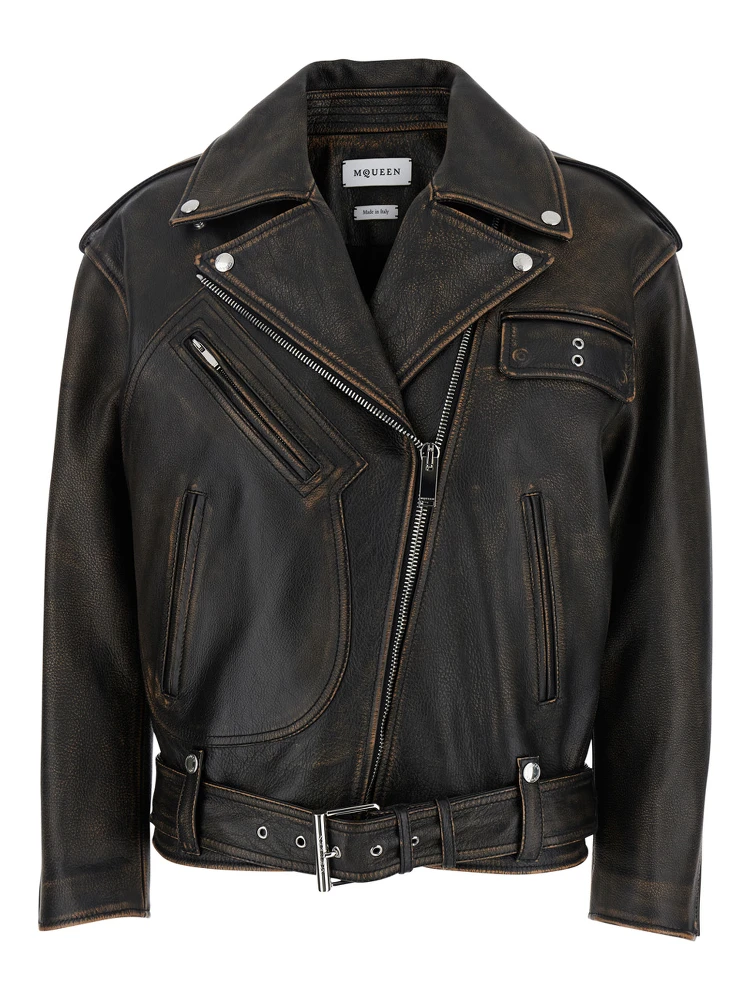 Antiqued Brown Biker Jacket with Wide Classic Lapels and Decentralized Zip Closure in Leather Woman
