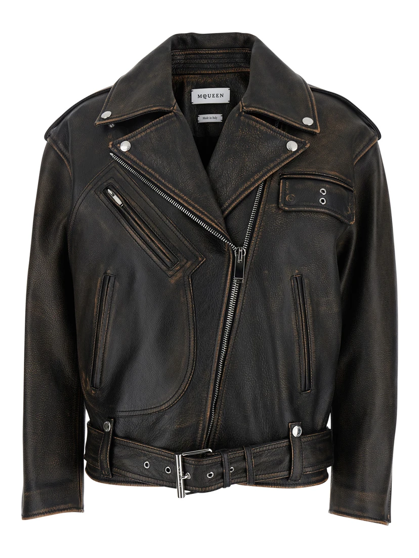 Antiqued Brown Biker Jacket with Wide Classic Lapels and Decentralized Zip Closure in Leather Woman